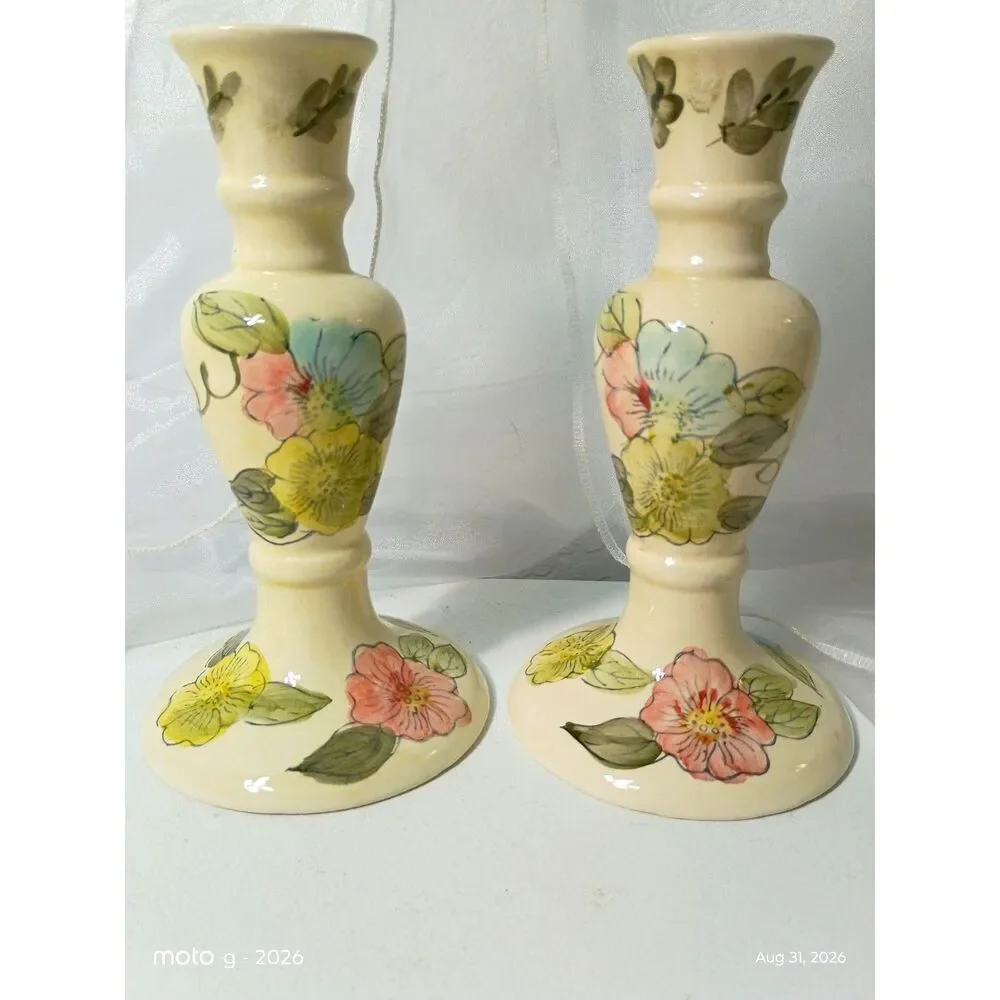 Vintage Hand Painted Floral Ceramic Taper Candle Holders Set Pair Yellow Roses